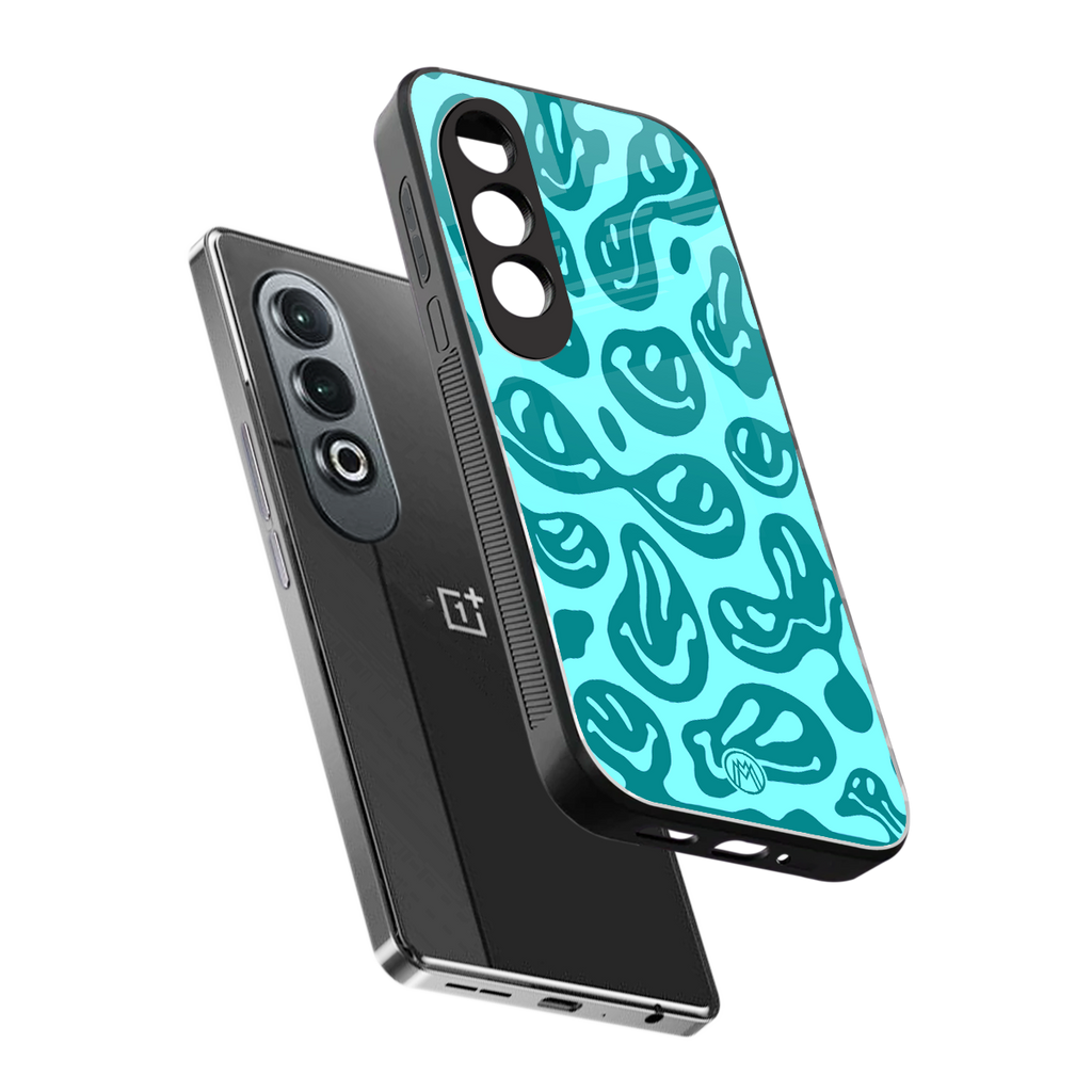 acid smiles turquoise edition back phone cover | glass case for oneplus nord ce 4