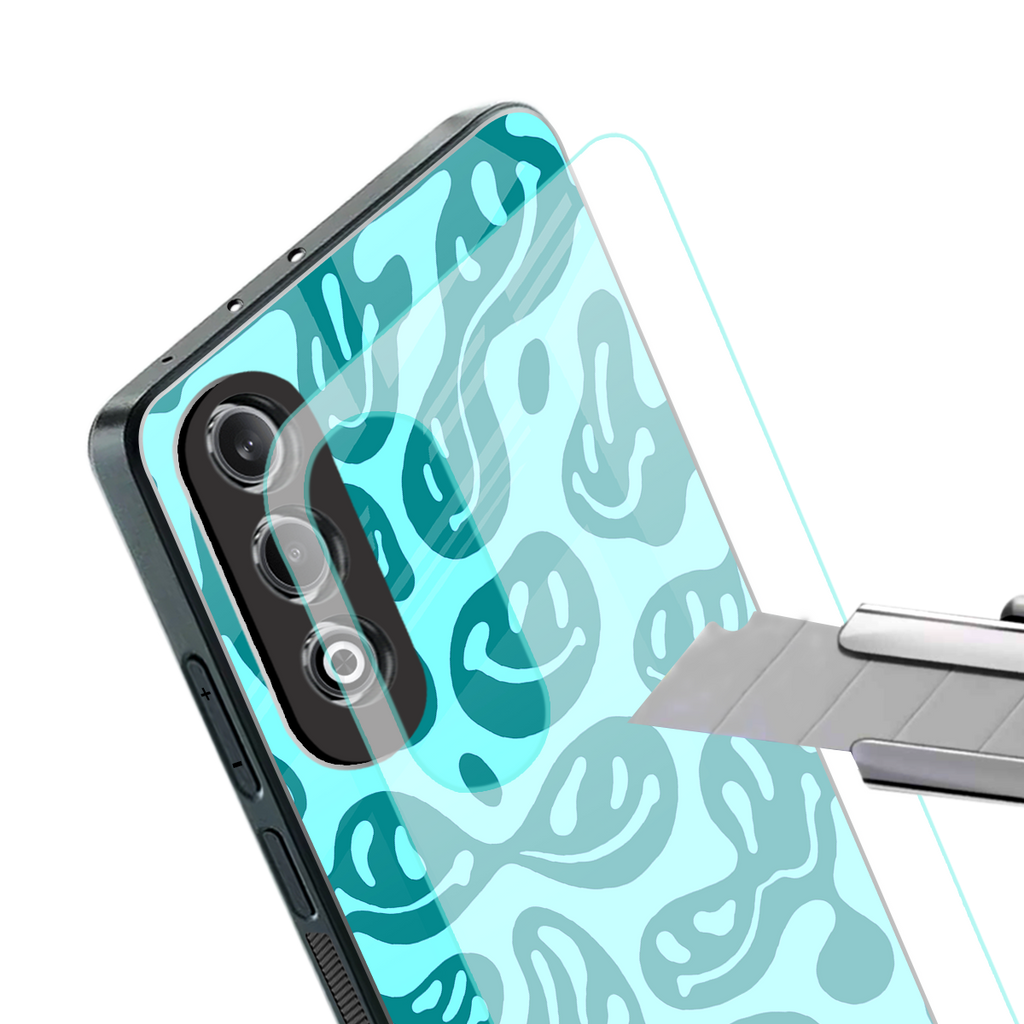 acid smiles turquoise edition back phone cover | glass case for oneplus nord ce 4