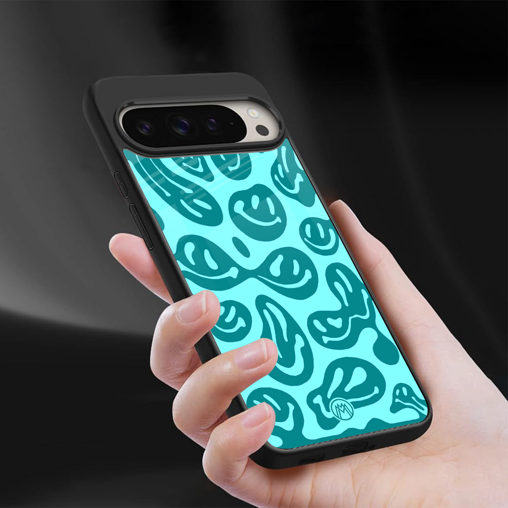 acid smiles turquoise edition back phone cover | glass case for google pixel 9 pro