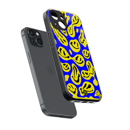 acid smiles yellow blue back phone cover | glass case for iphone 13 mini