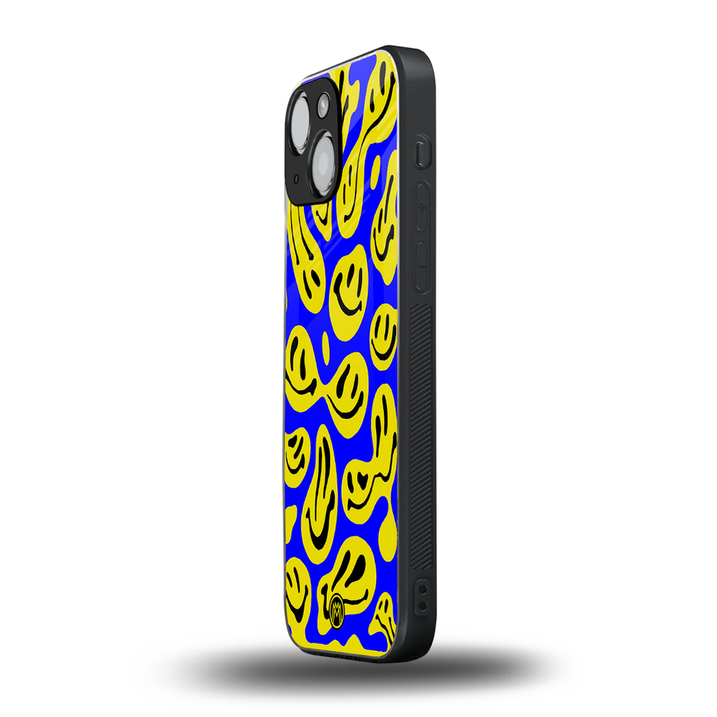 acid smiles yellow blue back phone cover | glass case for iphone 13 mini