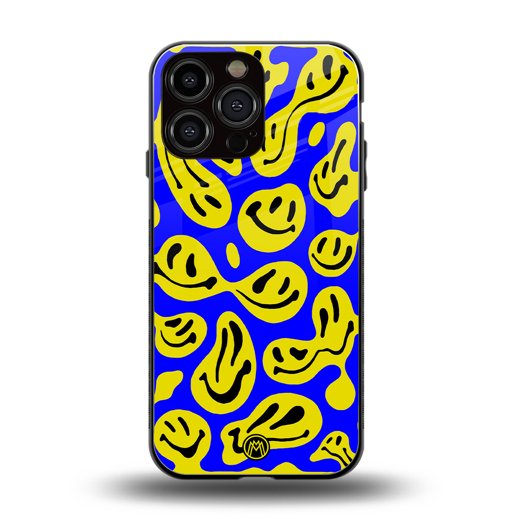 acid smiles yellow blue back phone cover | glass case for iphone 13 pro max
