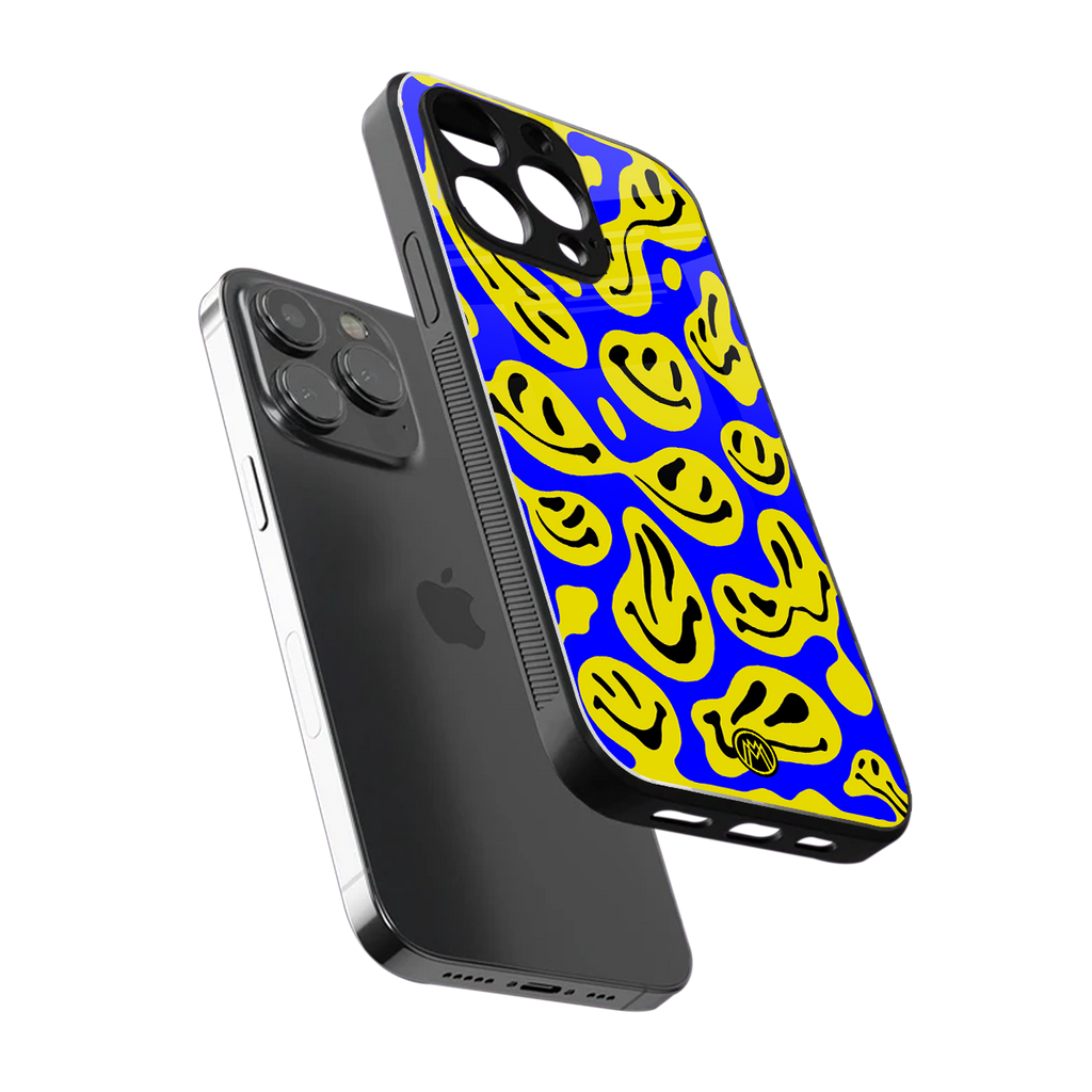 acid smiles yellow blue back phone cover | glass case for iphone 13 pro max