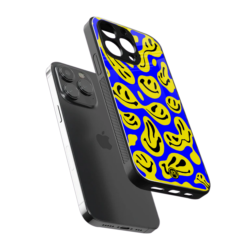 acid smiles yellow blue back phone cover | glass case for iphone 13 pro