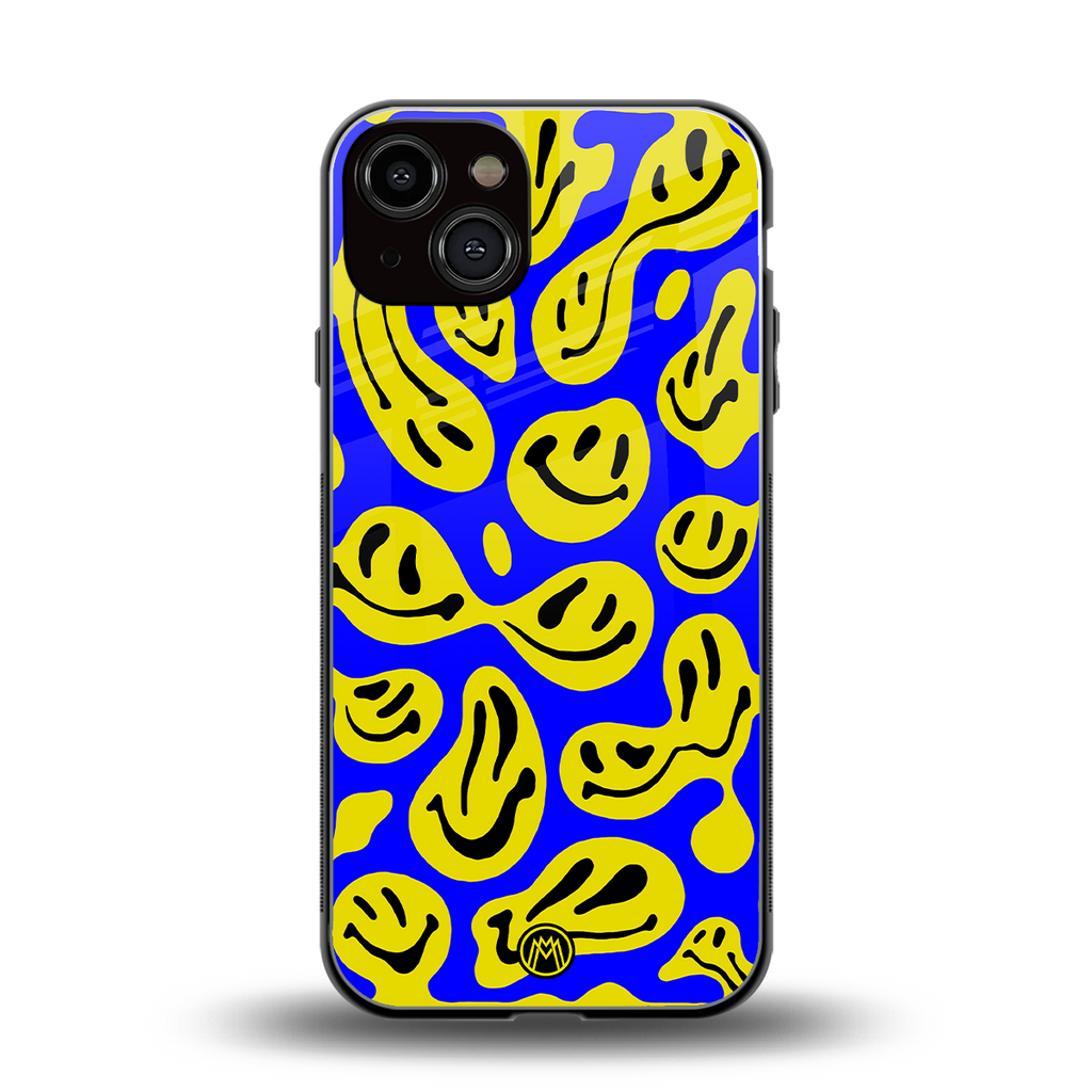 acid smiles yellow blue back phone cover | glass case for iphone 13