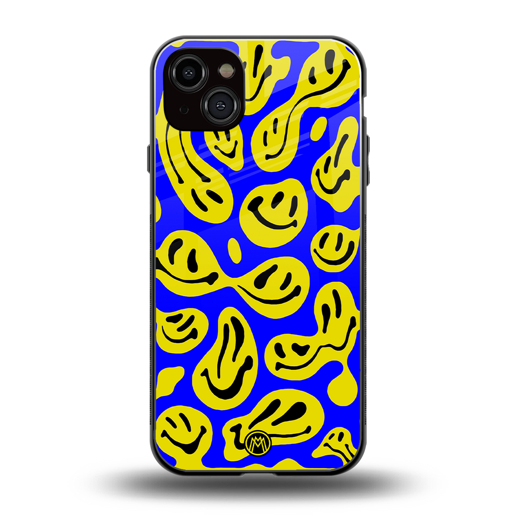 acid smiles yellow blue back phone cover | glass case for iphone 15 plus