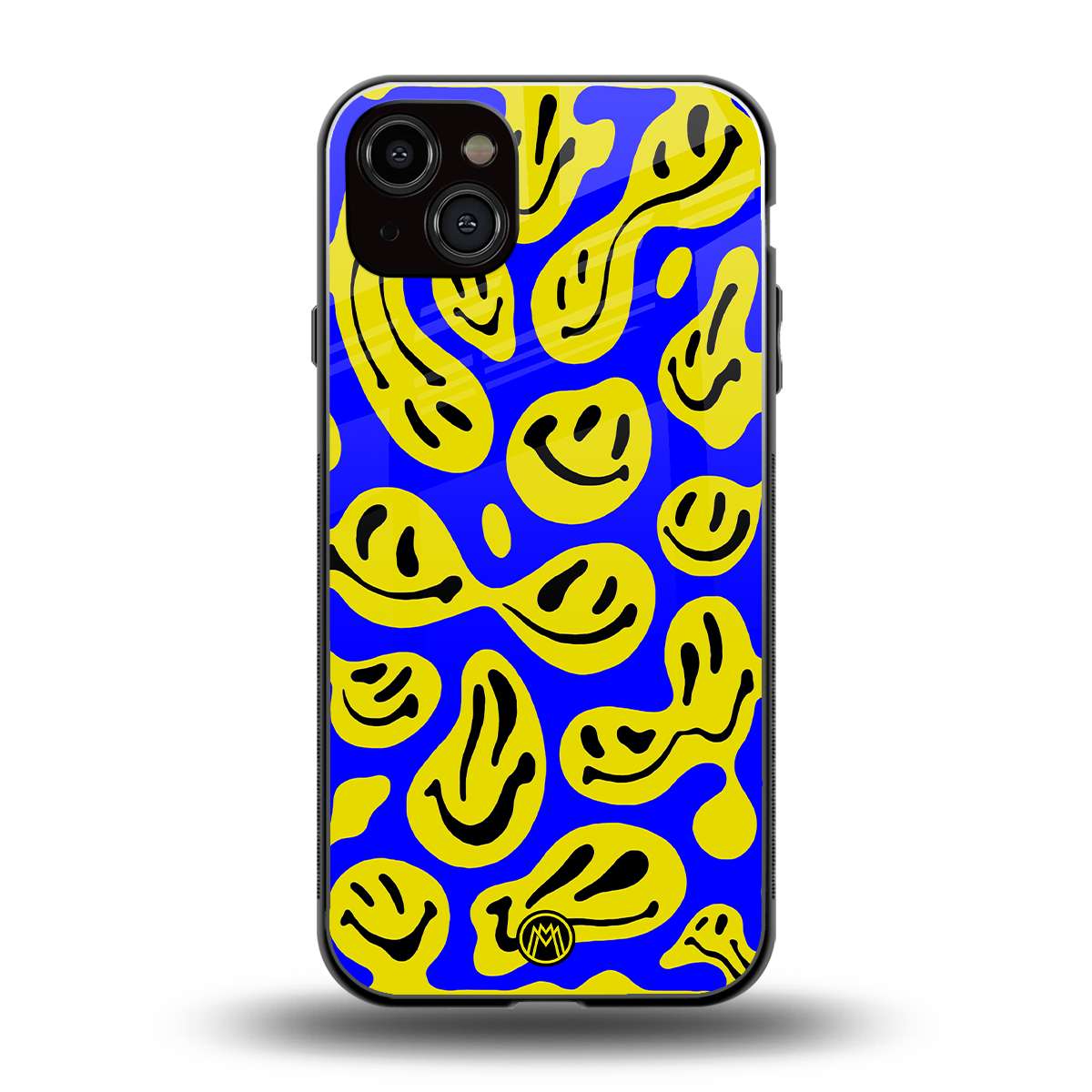acid smiles yellow blue back phone cover | glass case for iphone 15 plus