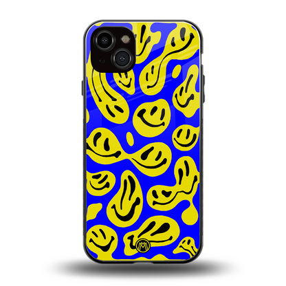 acid smiles yellow blue back phone cover | glass case for iphone 15 plus