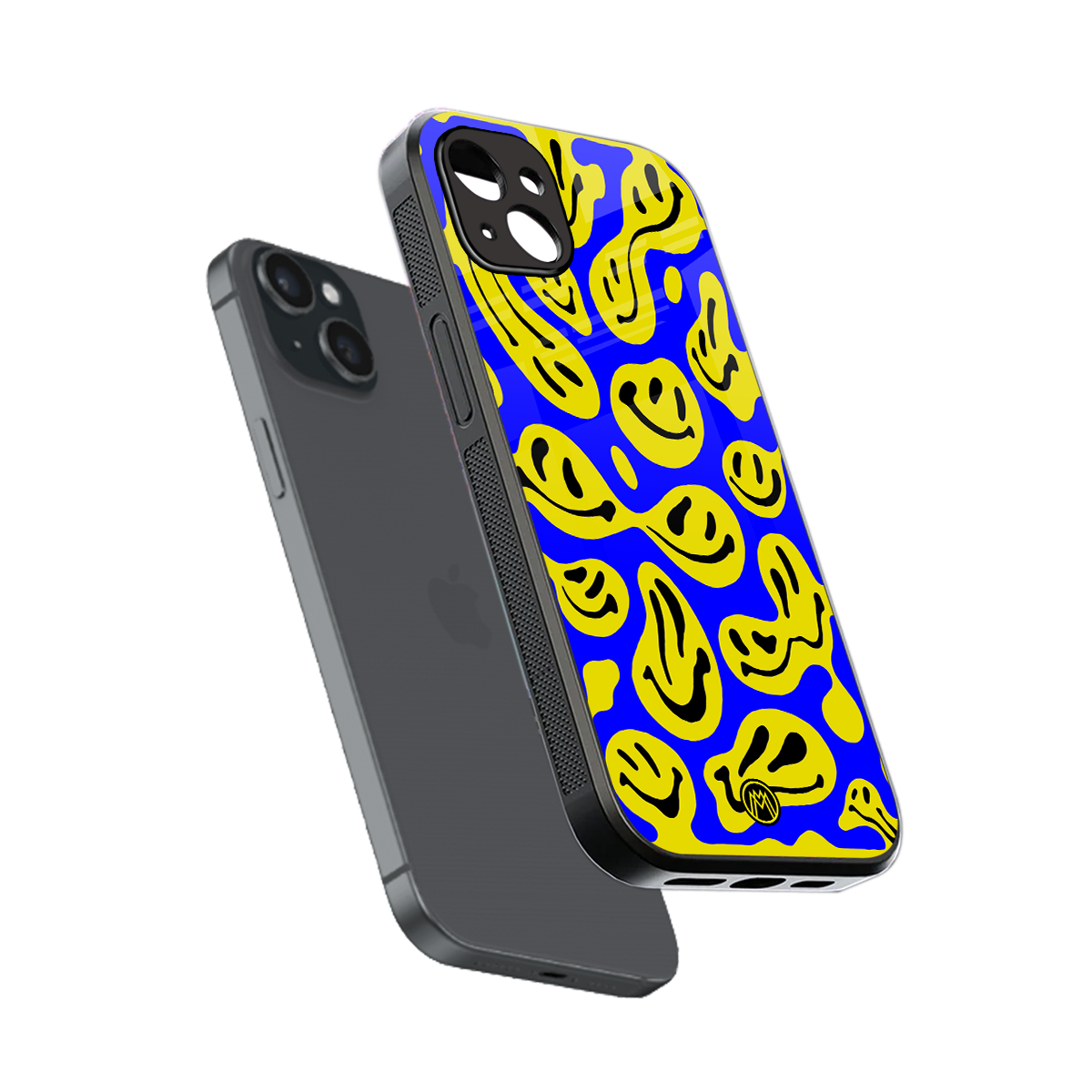 acid smiles yellow blue back phone cover | glass case for iphone 15 plus