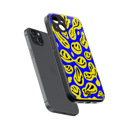 acid smiles yellow blue back phone cover | glass case for iphone 15 plus