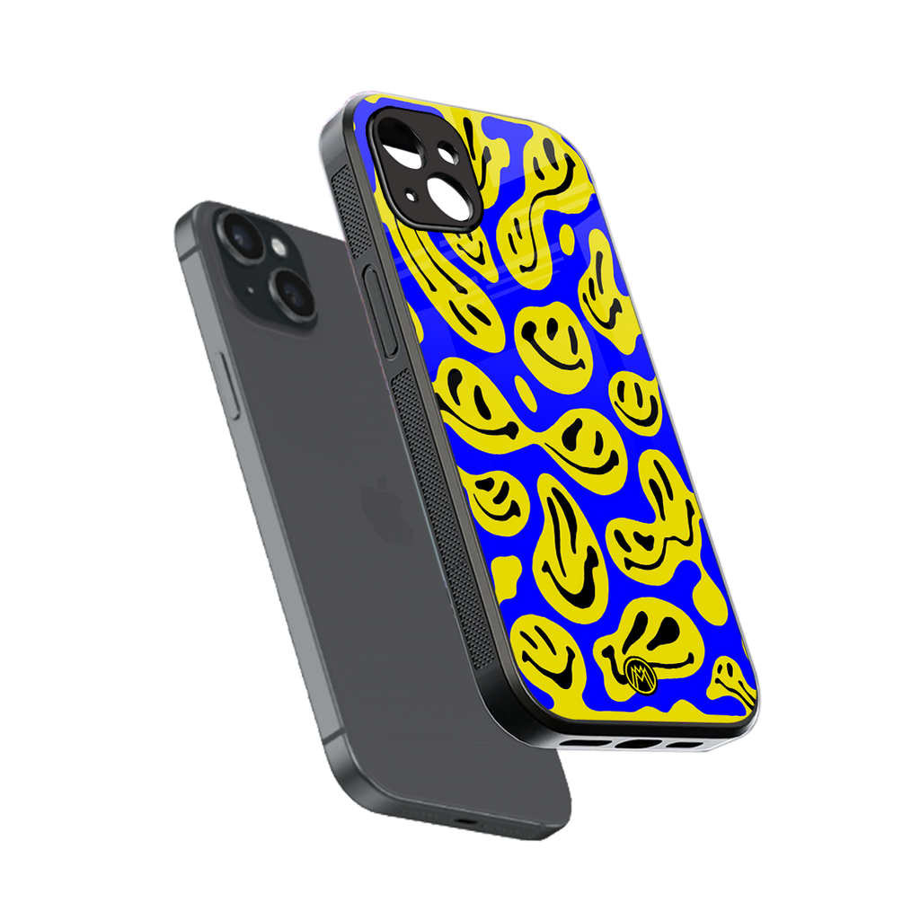 acid smiles yellow blue back phone cover | glass case for iphone 14 plus
