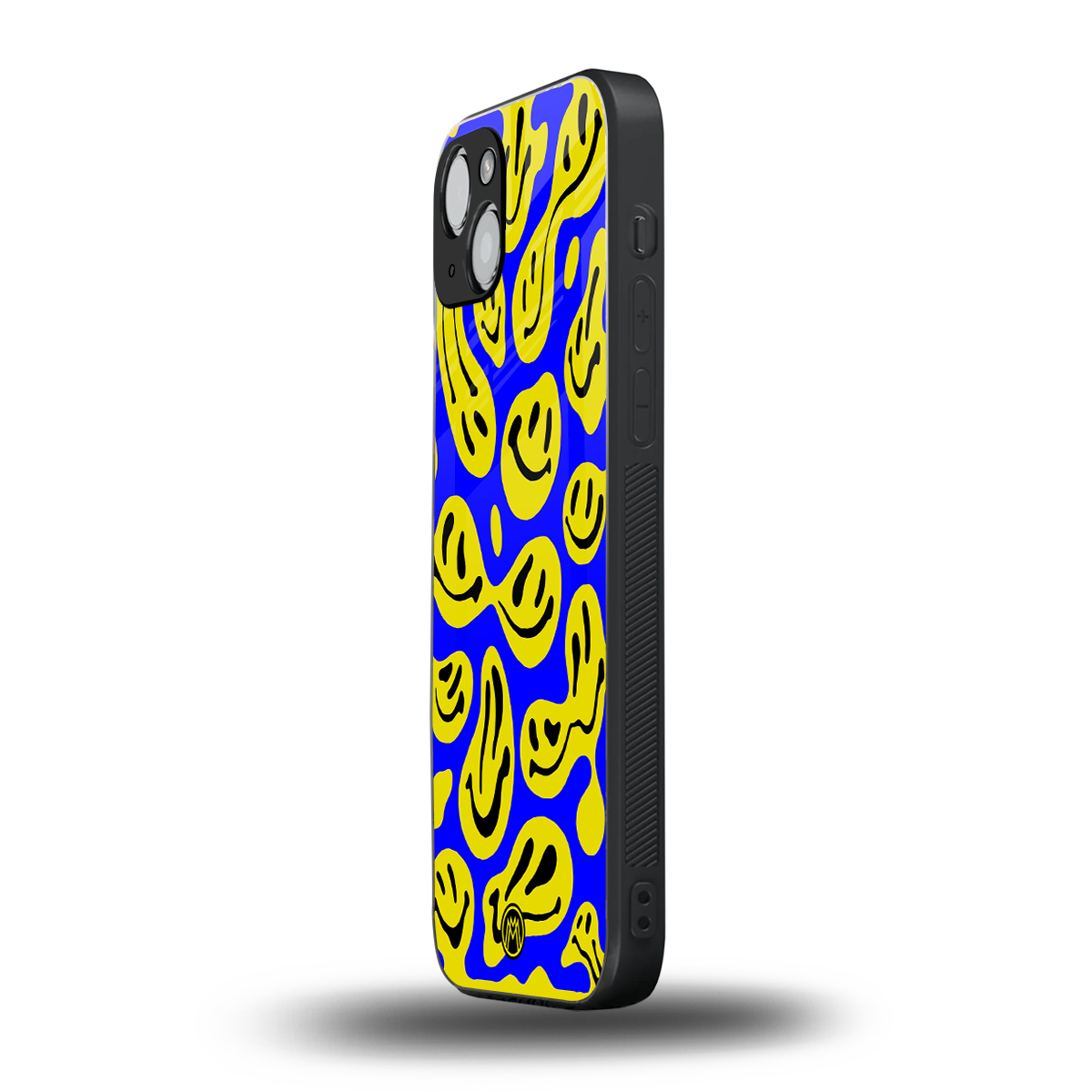 acid smiles yellow blue back phone cover | glass case for iphone 15 plus