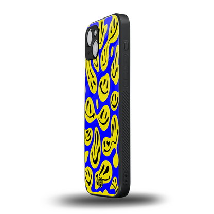 acid smiles yellow blue back phone cover | glass case for iphone 15 plus