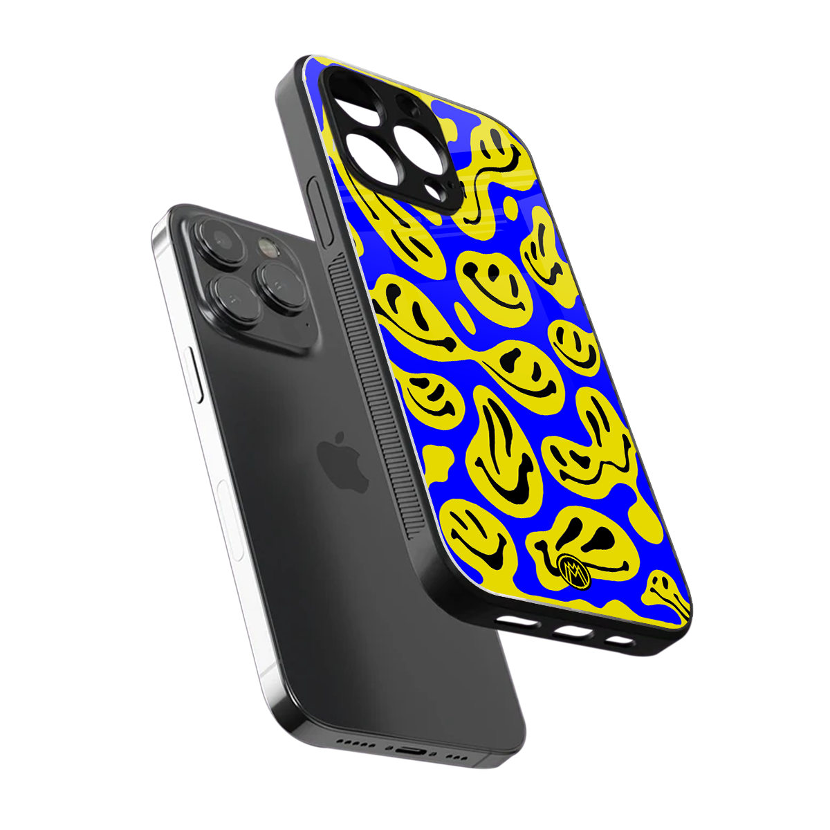 acid smiles yellow blue back phone cover | glass case for iphone 15 pro max