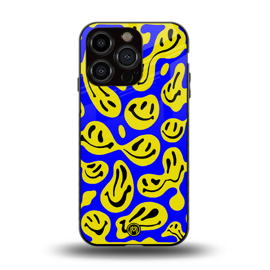acid smiles yellow blue back phone cover | glass case for iphone 15 pro