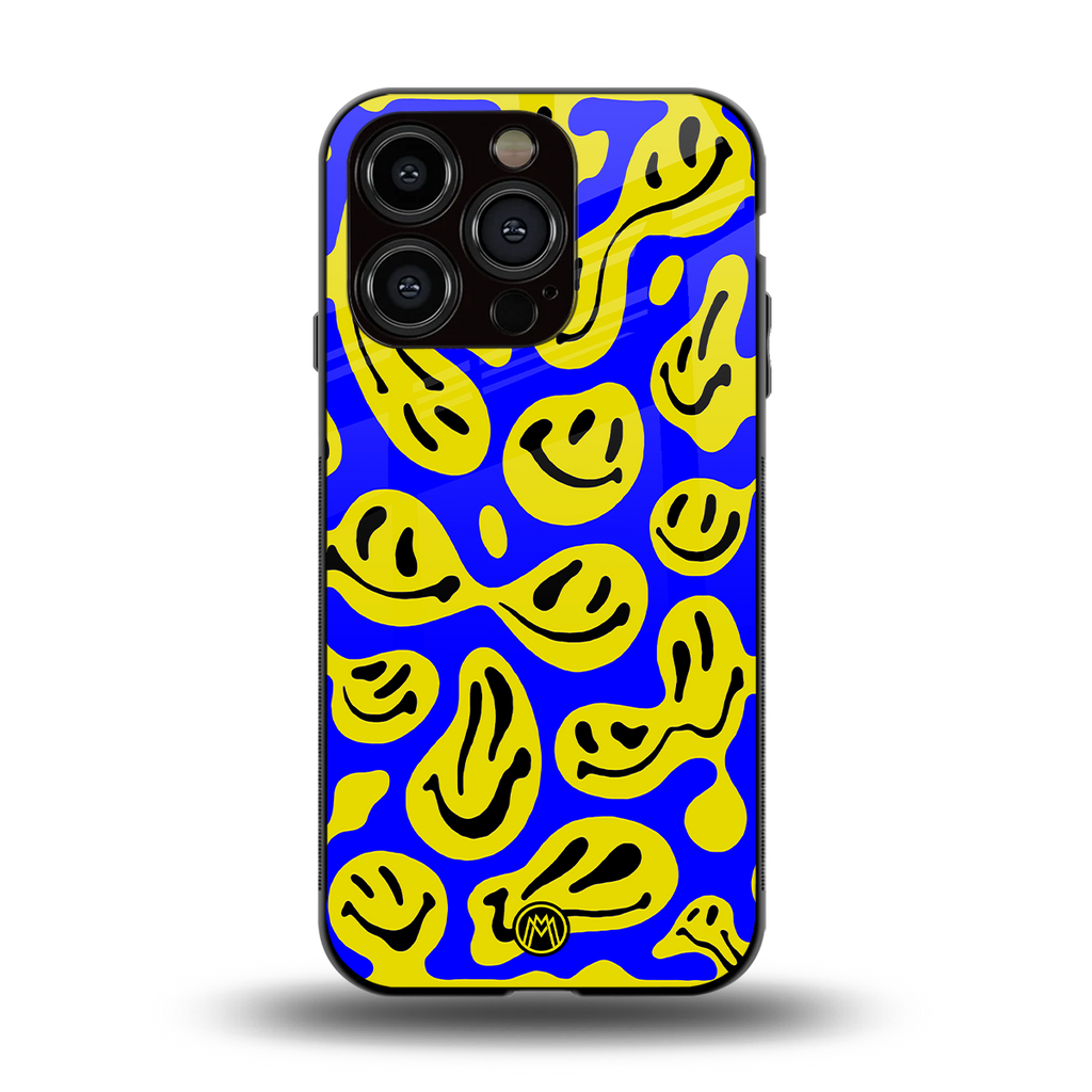 acid smiles yellow blue back phone cover | glass case for iphone 14 pro