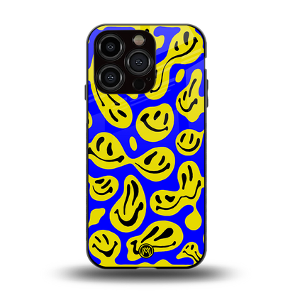 acid smiles yellow blue back phone cover | glass case for iphone 14 pro