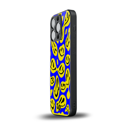 acid smiles yellow blue back phone cover | glass case for iphone 15 pro