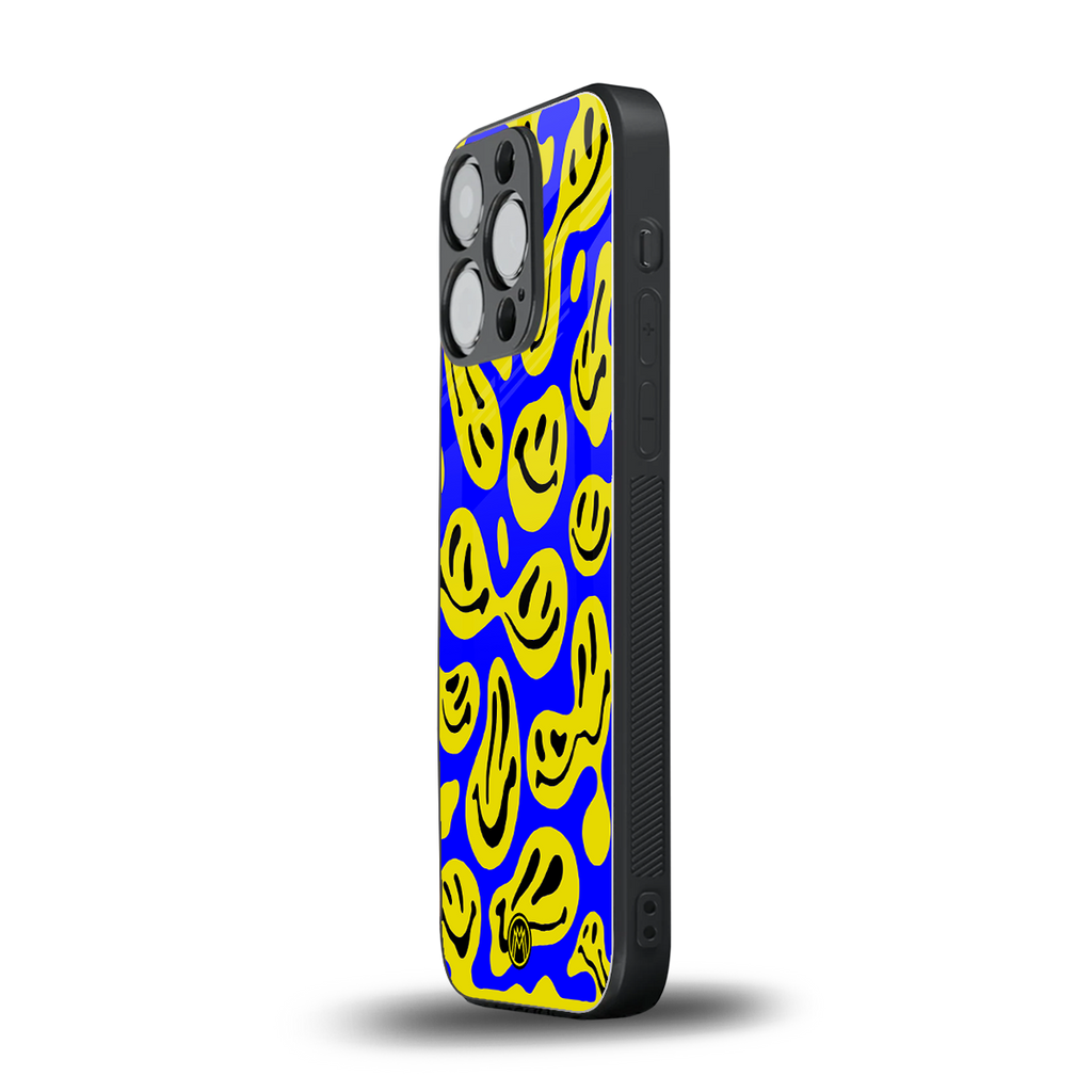 acid smiles yellow blue back phone cover | glass case for iphone 14 pro