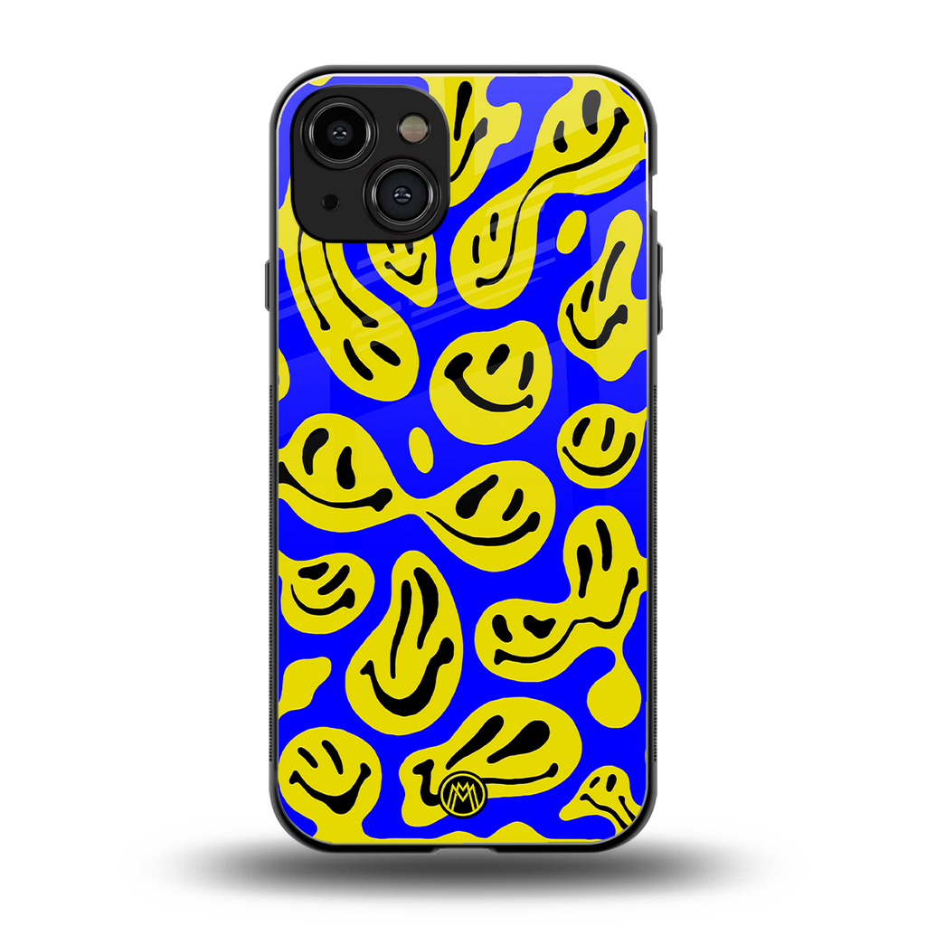 acid smiles yellow blue back phone cover | glass case for iphone 15