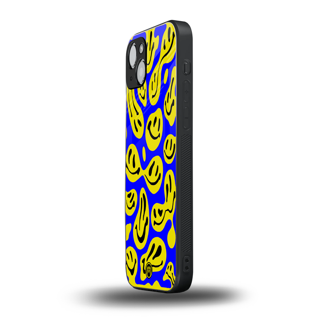 acid smiles yellow blue back phone cover | glass case for iphone 14