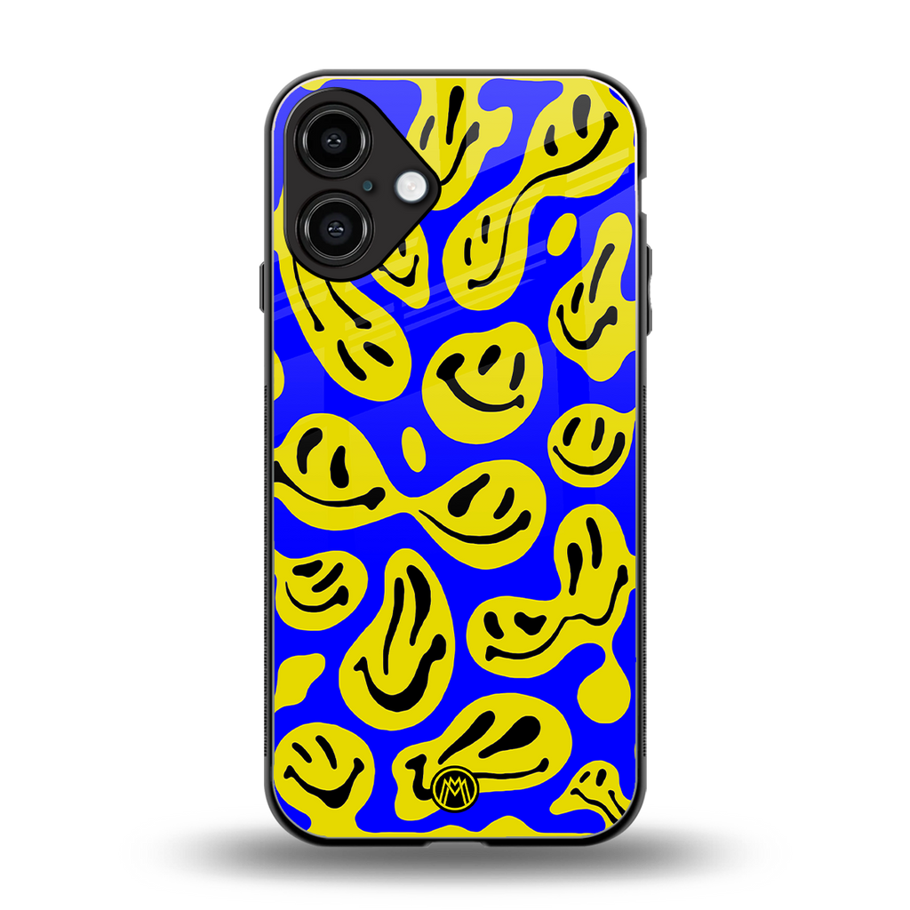 acid smiles yellow blue back phone cover | glass case for iphone 16 plus