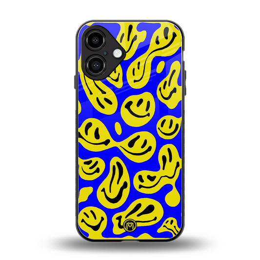 acid smiles yellow blue back phone cover | glass case for iphone 16 plus