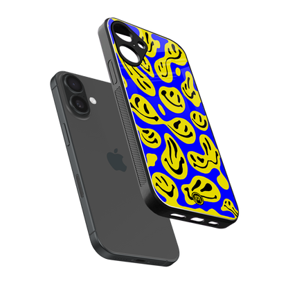 acid smiles yellow blue back phone cover | glass case for iphone 16 plus