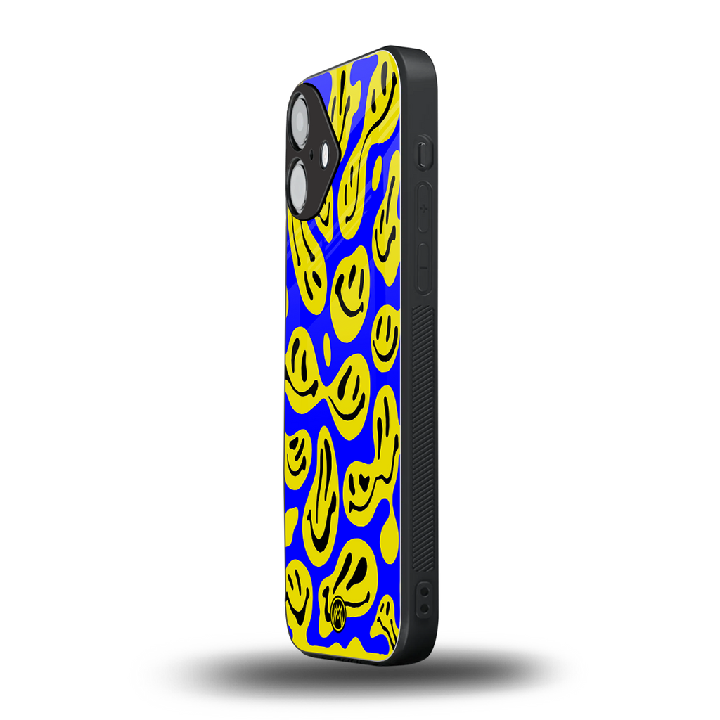 acid smiles yellow blue back phone cover | glass case for iphone 16 plus