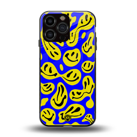 acid smiles yellow blue back phone cover | glass case for iphone 16 pro max