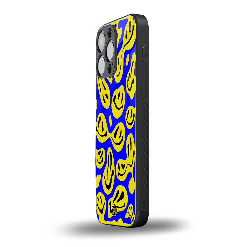 acid smiles yellow blue back phone cover | glass case for iphone 16 pro max