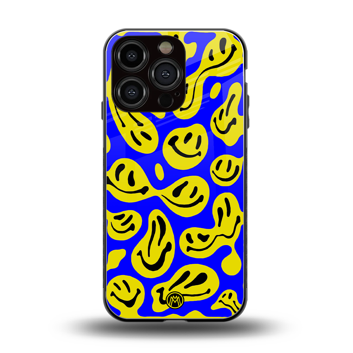 acid smiles yellow blue back phone cover | glass case for iphone 16 pro