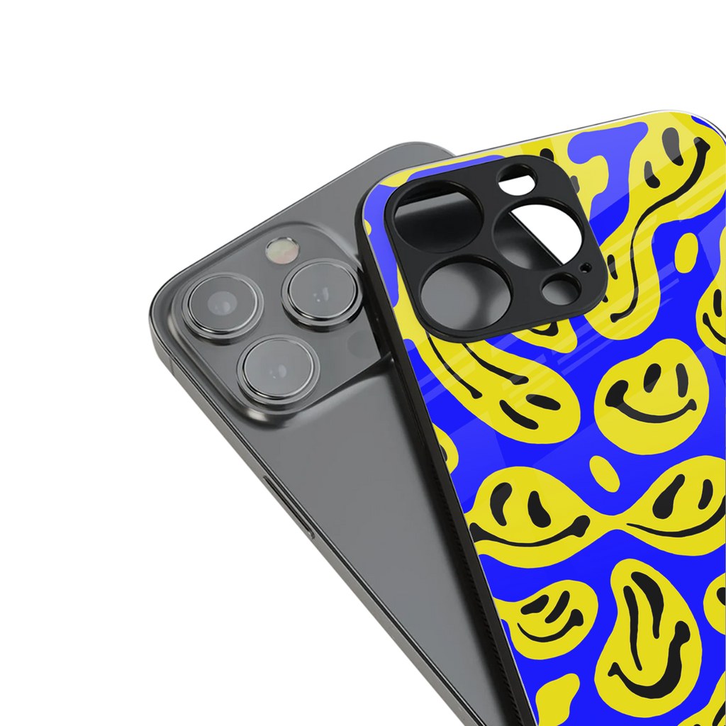 acid smiles yellow blue back phone cover | glass case for iphone 14