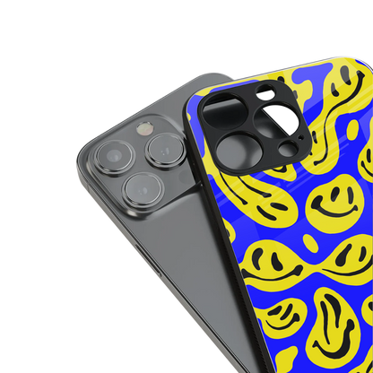 acid smiles yellow blue back phone cover | glass case for iphone 14 pro