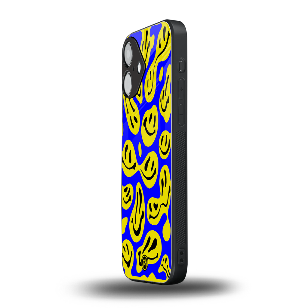 acid smiles yellow blue back phone cover | glass case for iphone 16
