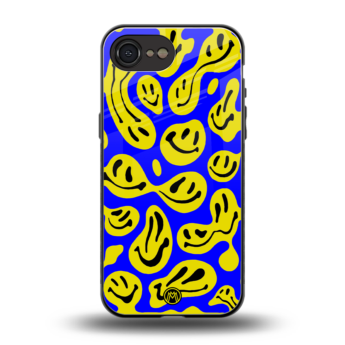 acid smiles yellow blue back phone cover | glass case for iphone 16e