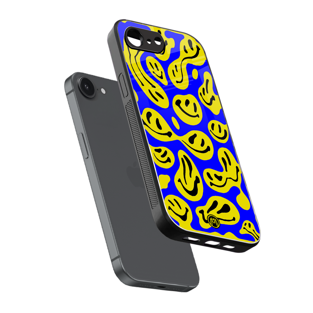 acid smiles yellow blue back phone cover | glass case for iphone 16e