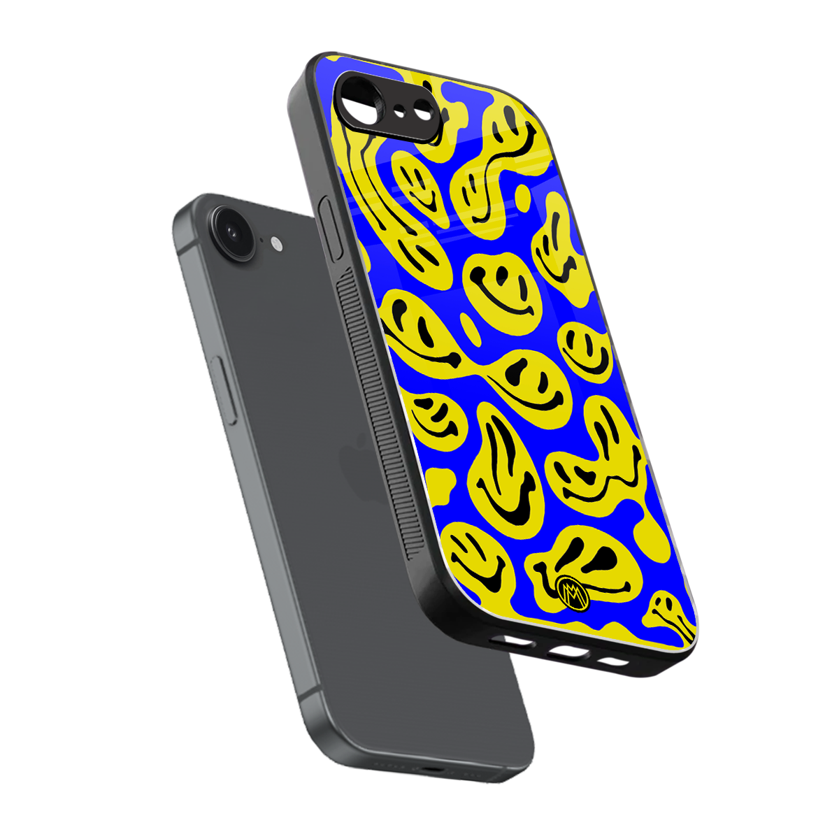acid smiles yellow blue back phone cover | glass case for iphone 16e