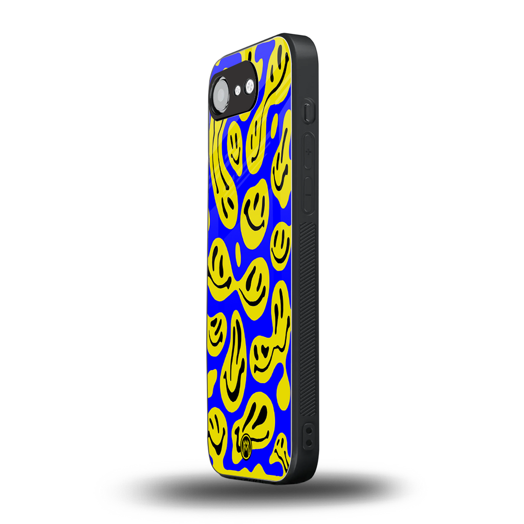 acid smiles yellow blue back phone cover | glass case for iphone 16e