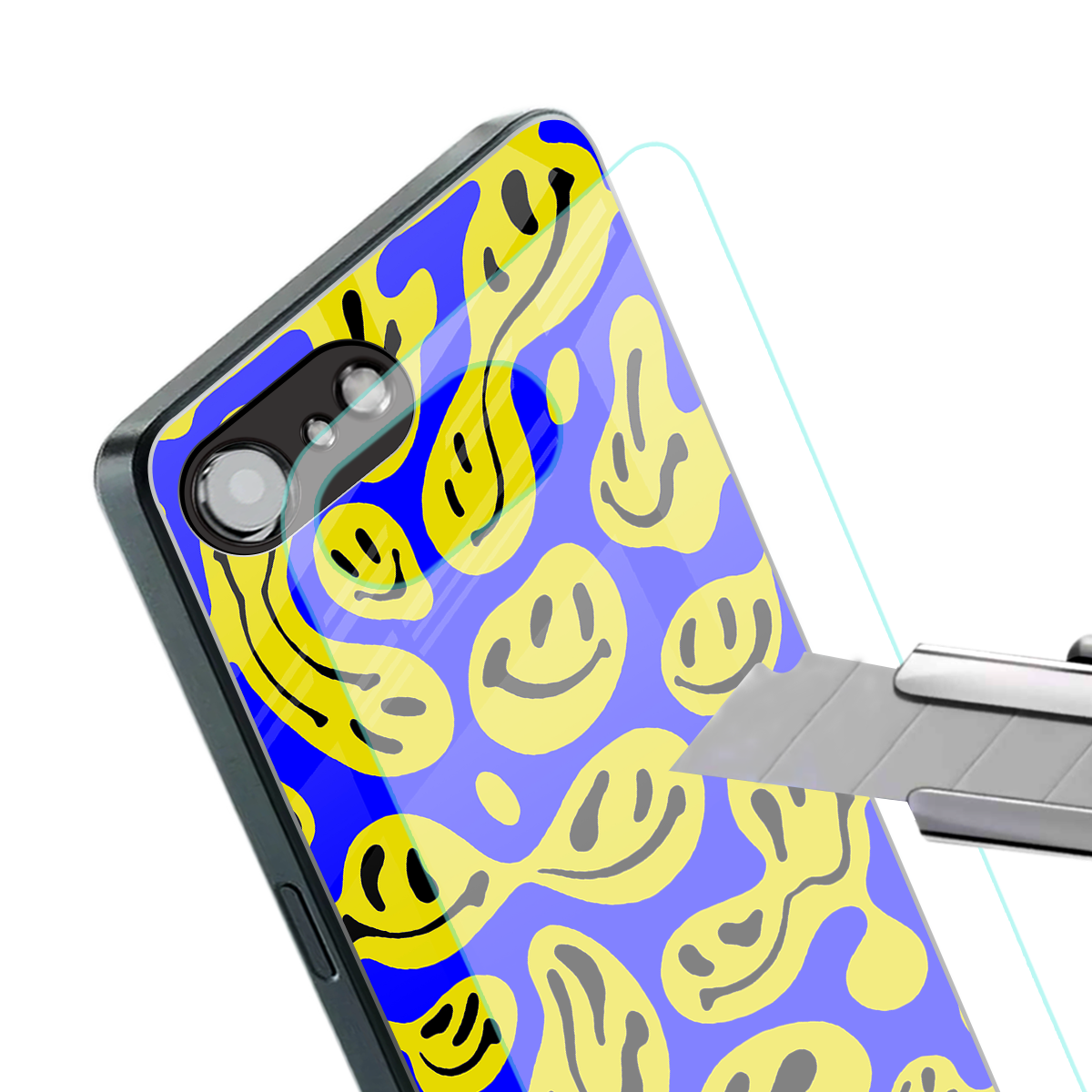 acid smiles yellow blue back phone cover | glass case for iphone 16e
