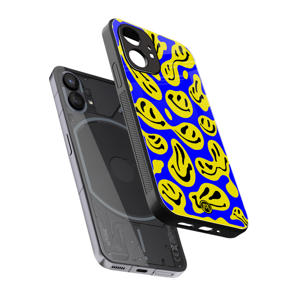 acid smiles yellow blue back phone cover | glass case for nothing phone 1