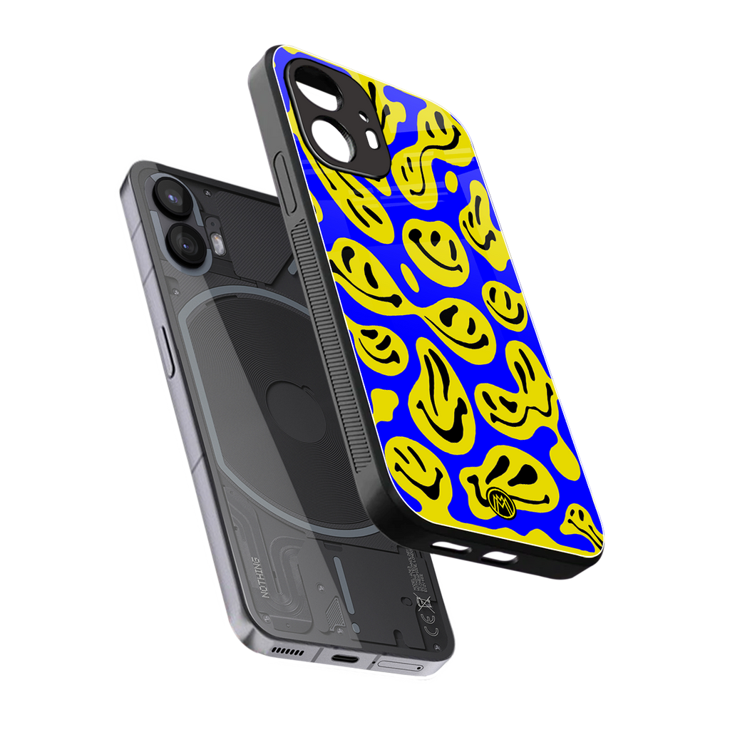 acid smiles yellow blue back phone cover | glass case for nothing phone 2
