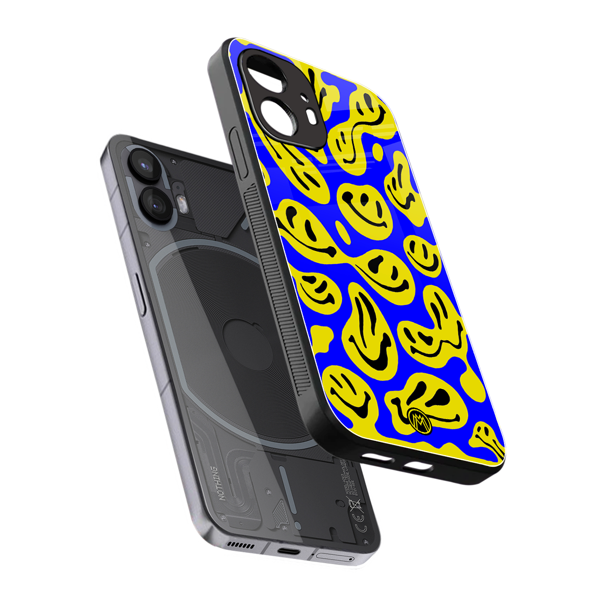 acid smiles yellow blue back phone cover | glass case for nothing phone 2