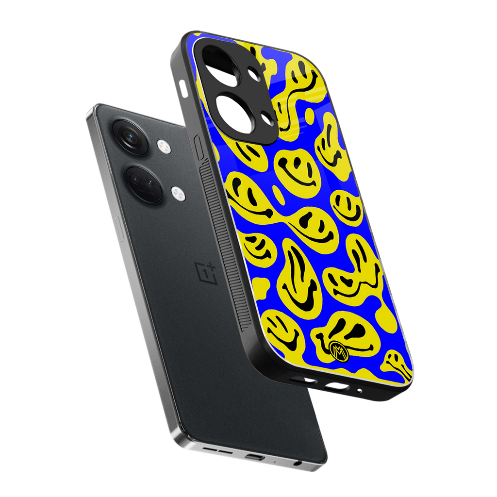 acid smiles yellow blue back phone cover | glass case for oneplus nord 3