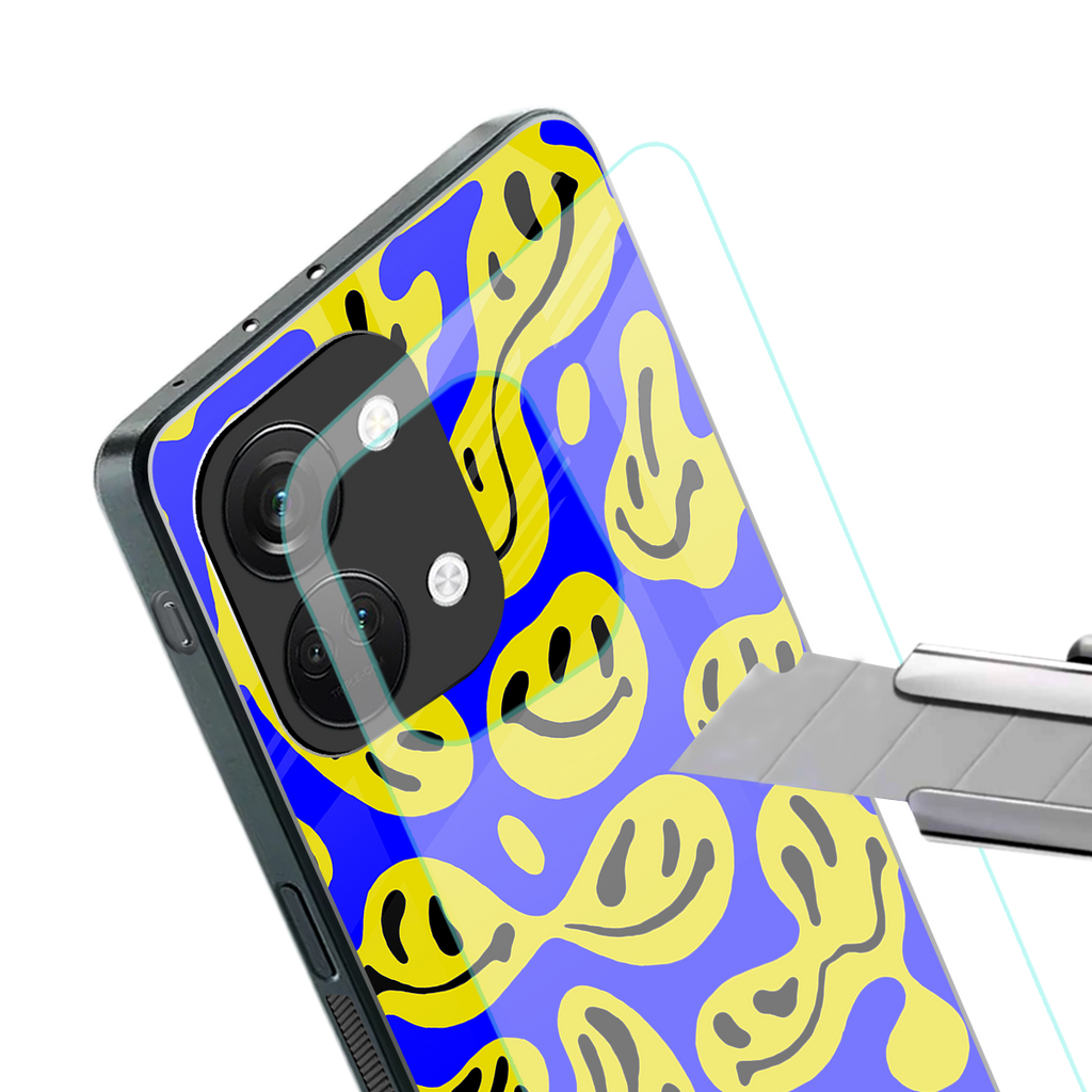 acid smiles yellow blue back phone cover | glass case for oneplus nord 3