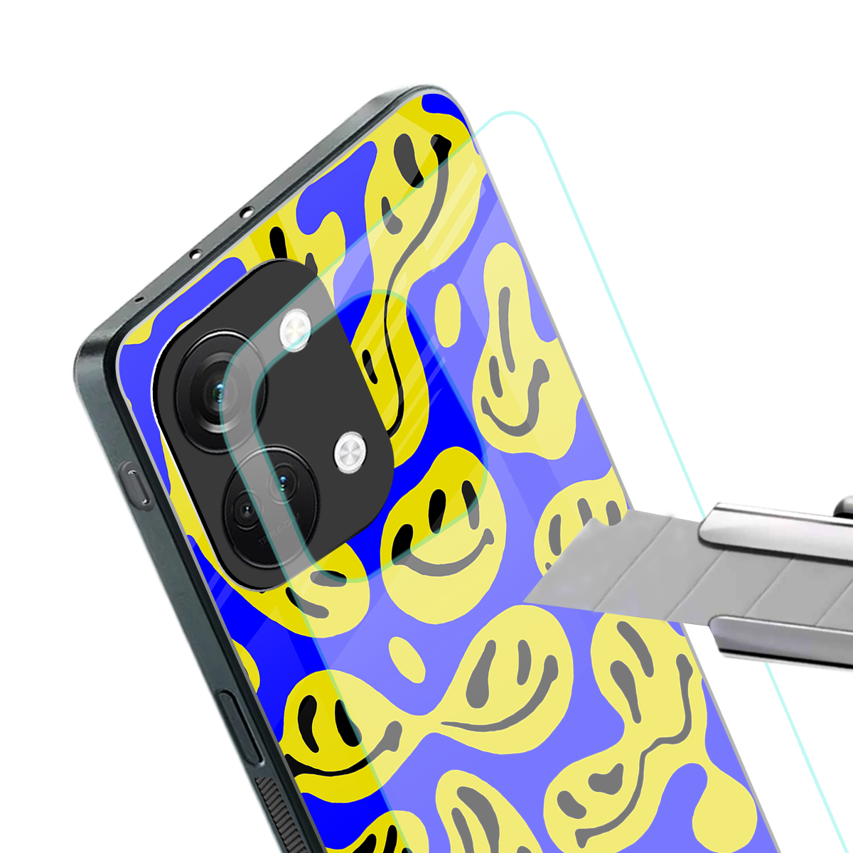 acid smiles yellow blue back phone cover | glass case for oneplus nord 3