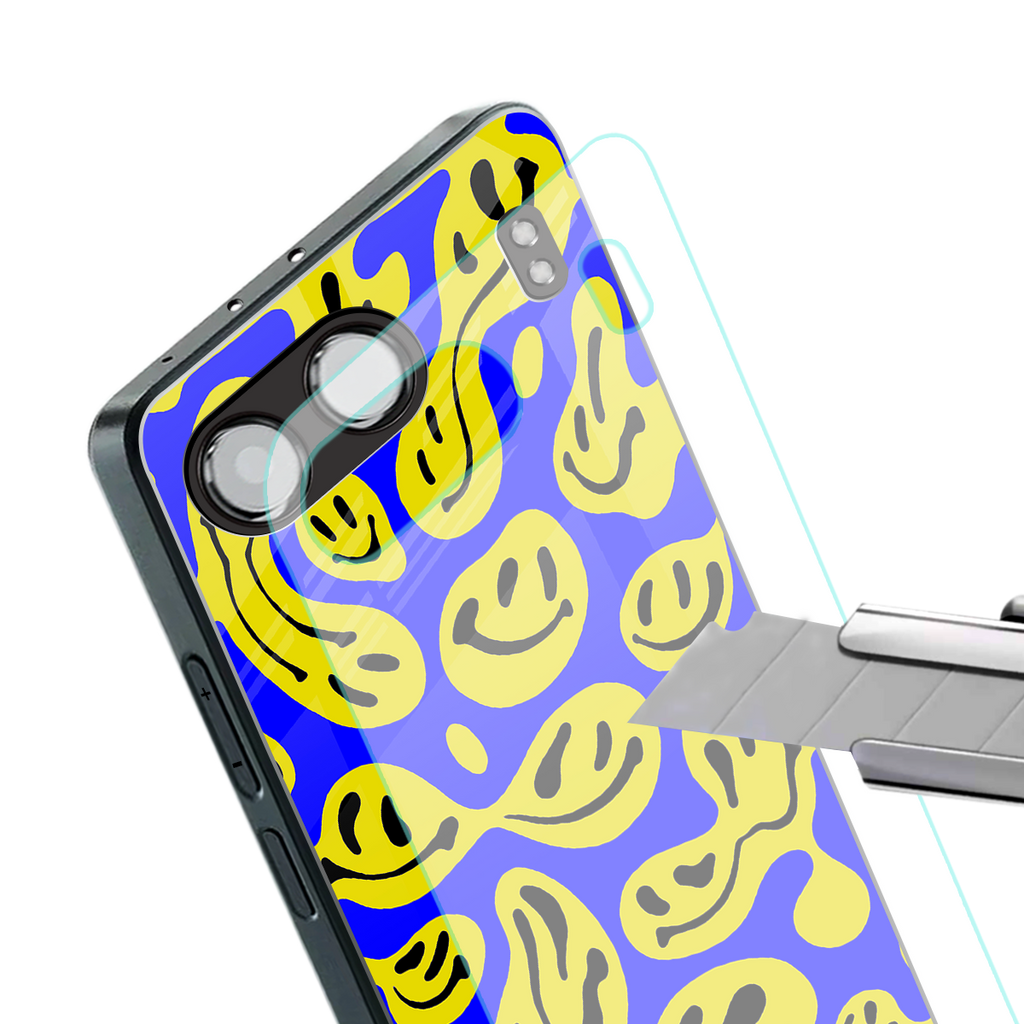 acid smiles yellow blue back phone cover | glass case for oneplus nord 4