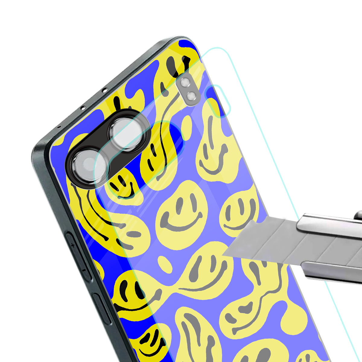 acid smiles yellow blue back phone cover | glass case for oneplus nord 4