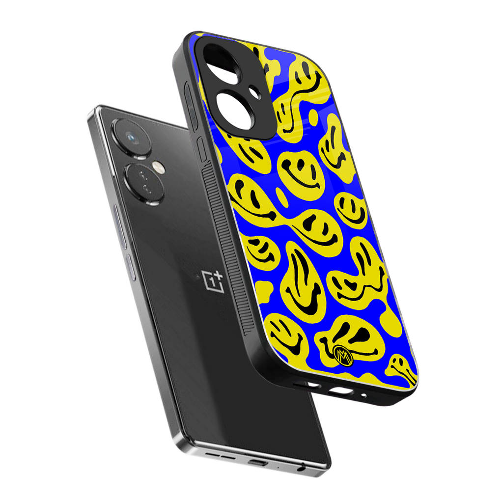 acid smiles yellow blue back phone cover | glass case for oneplus nord ce 3