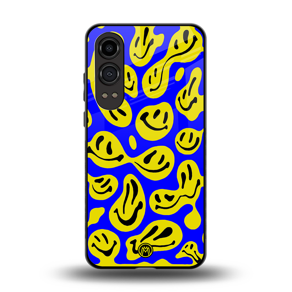 acid smiles yellow blue back phone cover | glass case for oneplus nord ce 4 lite